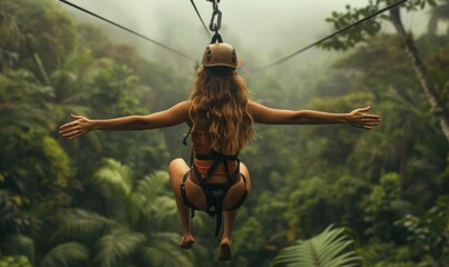 Young woman engaged in a thrilling ziplining adventure through a dense rainforest canopy. She soars above the treetops, her laughter and excitement echoing through the jungle, Generative AI - Powered by Adobe