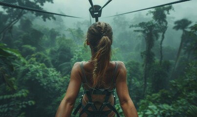 Young woman engaged in a thrilling ziplining adventure through a dense rainforest canopy. She soars above the treetops, her laughter and excitement echoing through the jungle, Generative AI