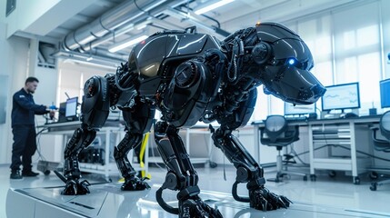 A giant robot dog black being assembled in a bright, white high-tech lab, engineers monitoring its progress from transparent touchscreen panels