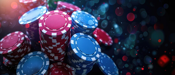 A pile of poker chips with red and blue chips - 770528395