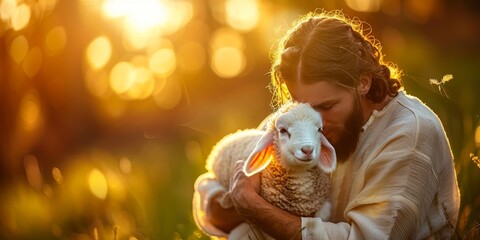 Christian banner with Jesus Christ gently holding a cute lamb with sense of protection and care,...