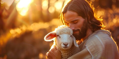 Christian banner with Jesus Christ gently holding a cute lamb with sense of protection and care, copy space, Generative AI