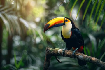 Naklejka premium A beautiful toucan bird with its colorful beak perched
