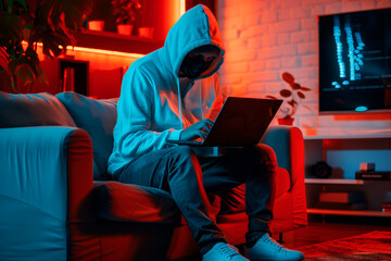 Fashionable anonymous hacker typing computer laptop. Cybercrime, cyberattack, dark web concept.