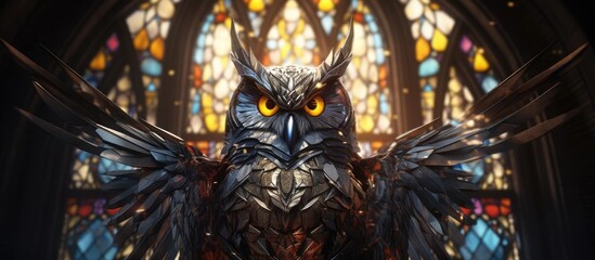 Majestic Robotic Owl Enthroned in Radiant Cathedral Stained Glass Masterpiece