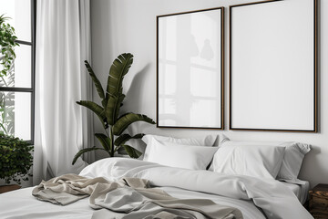 Cozy bedroom interior with modern design, unmade bed, and blank frames for mockups.