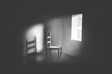 Illustration of open window on an empty room, black and white 