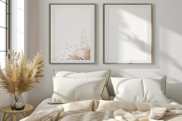 Modern minimalist bedroom interior with mockup frames and soft sunlight.