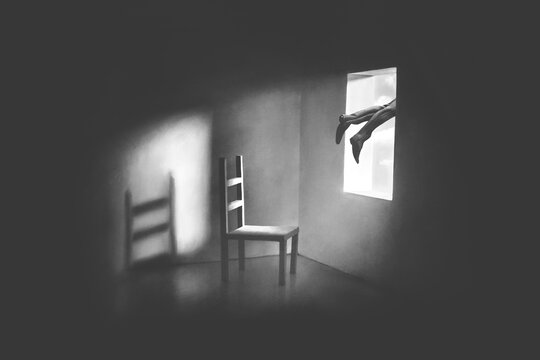 illustration of man flying out of a window; surreal concept