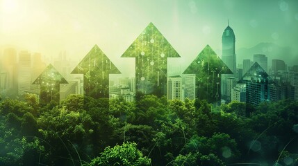 Eco-friendly urban growth report cover, green arrows over city - obrazy, fototapety, plakaty