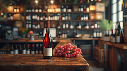 Wine bottle and grapes on wooden board and beautiful bokeh shelves with alcohol bottles at the background. Bar concept.