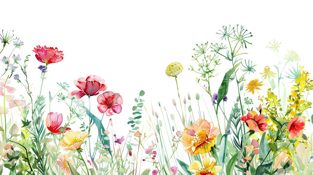 A watercolor illustration of wildflowers on a white background, with colorful petals and green leaves. The flowers include tulips, daisies, poppies, and cosmos, as well as grasses and herbs. 