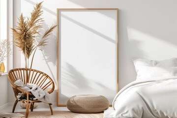 Modern Bedroom with Blank Wall Art Spaceю Cozy minimalist bedroom with blank canvas for mockup.