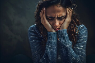A depressed and stressed woman sitting in the dark holding her head