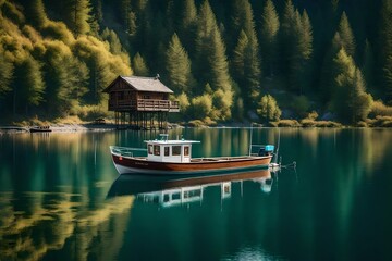 Fishing boat in a calm mountain lake