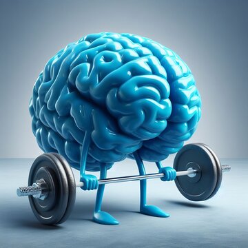 A strong conceptual image showing a bright blue brain lifting weights, symbolizing the power of intellectual growth and mental strength. AI generation