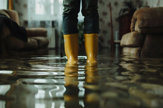 A person standing in a flooded house in a living room