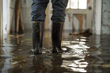 A person standing in a flooded house in a living room
