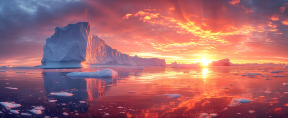 Breathtaking arctic sunset and iceberg reflections on ocean - obrazy, fototapety, plakaty