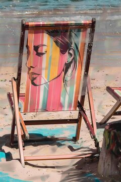 A picture of a woman's face painted on a beach chair.