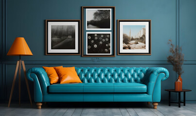 Interior of modern living room with blue sofa, lamp and picture frames