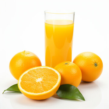 Orange juice and oranges on a white background.