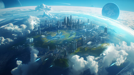 Futuristic Cityscape Floating in Space with Earth Backdrop