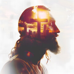 Double exposure image of Jesus Christ, Christian cross and skyscrapers - obrazy, fototapety, plakaty