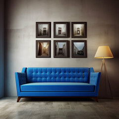 Interior of modern living room with blue sofa, lamp and picture frames