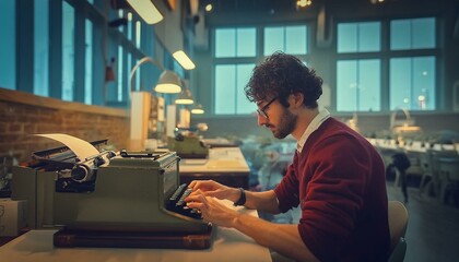 Nostalgic Authorship: Man at Desk Crafting with Old-Fashioned Typewriter - obrazy, fototapety, plakaty