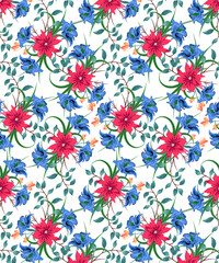 Fototapeta na wymiar seamless floral pattern with pink, blue flowers an green leaves 