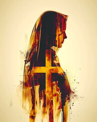 Double exposure image of our lady of grace, Mary and Christian cross