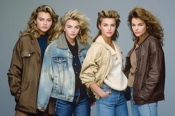 Fototapeta premium Vintage Fashion Models Posing in Classic 80s Denim and Leather Jackets on a Grey Background