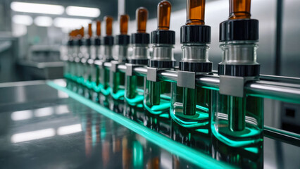 Glass medical ampoules on the conveyor belt in the laboratory
