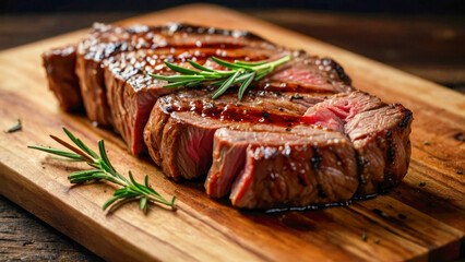 Grilled beef steak with rosemary and chili pepper on wooden board - obrazy, fototapety, plakaty
