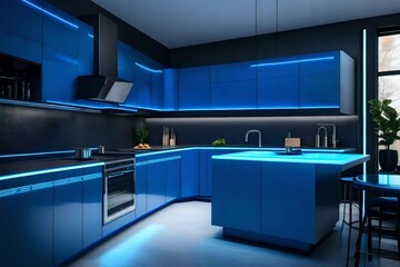 kitchen designed in calming shades of blue - obrazy, fototapety, plakaty