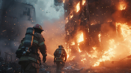Firefighters rushing into burning building, fighting blaze. Inferno. Blaze. Heroic. Hero. Firemen. Rescue. Emergency. 