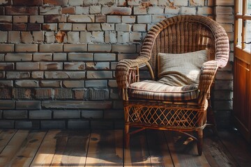 Cozy Wicker Armchair in Rustic Brick-Walled Interior,Inviting Relaxation and Comfort