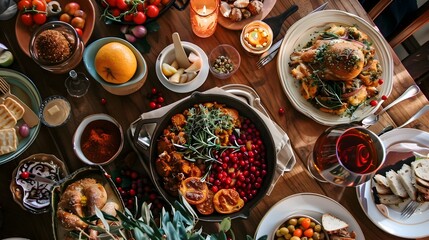 Delectable Autumn Feast with Roasted Turkey and Bountiful Sides on Rustic Wooden Table