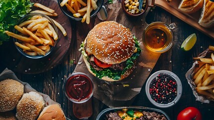 Delectable Homemade Burger and Fries Spread on a Rustic Wooden Table with Sauces and Condiments
