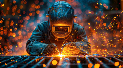 Industrial worker with protective mask and helmet welding steel in factory