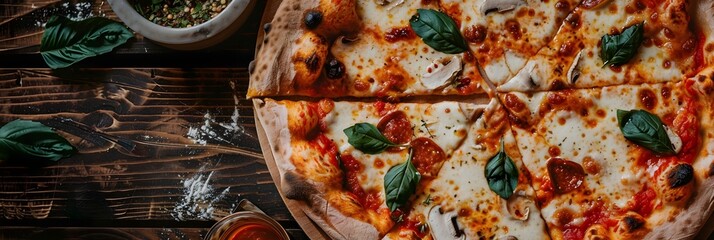 Delectable Homemade Italian Pizza with Mouthwatering Toppings on Rustic Wooden Table