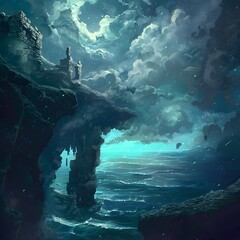 Dramatic Fantasy Landscape with Stormy Skies,Crashing Waves and Mysterious Ruins