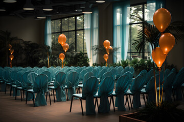 Turquoise chairs and orange balloons in a hall