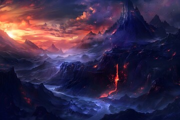 Dramatic Volcanic Landscape with Fiery Eruption and Stormy Skies in Fantastical Wilderness - obrazy, fototapety, plakaty