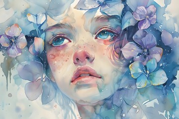 Dreamy Floral Portrait of a Pensive and Captivating Female Figure Immersed in a Watercolor Wonderland