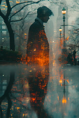 Man's silhouette merges with city lights