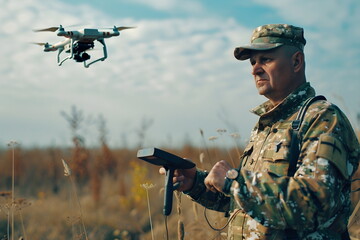 Fototapeta premium A soldier flying a drone to spy on enemy outdoors
