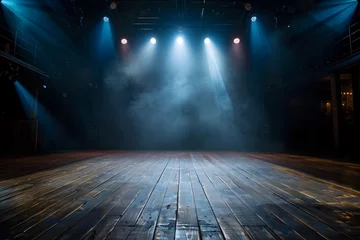 Foto op Canvas Dramatic Theatrical Stage with Vibrant Lighting and Wooden Floorboards for Entertainment Events © Mickey