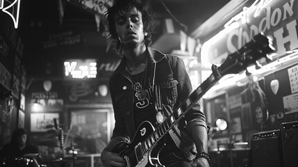 Neon nights: A frontal street photo in black and white showcases a musician, clad in denim and a tee, engrossed in tuning their guitar under the vibrant neon pulse of a music venue at night